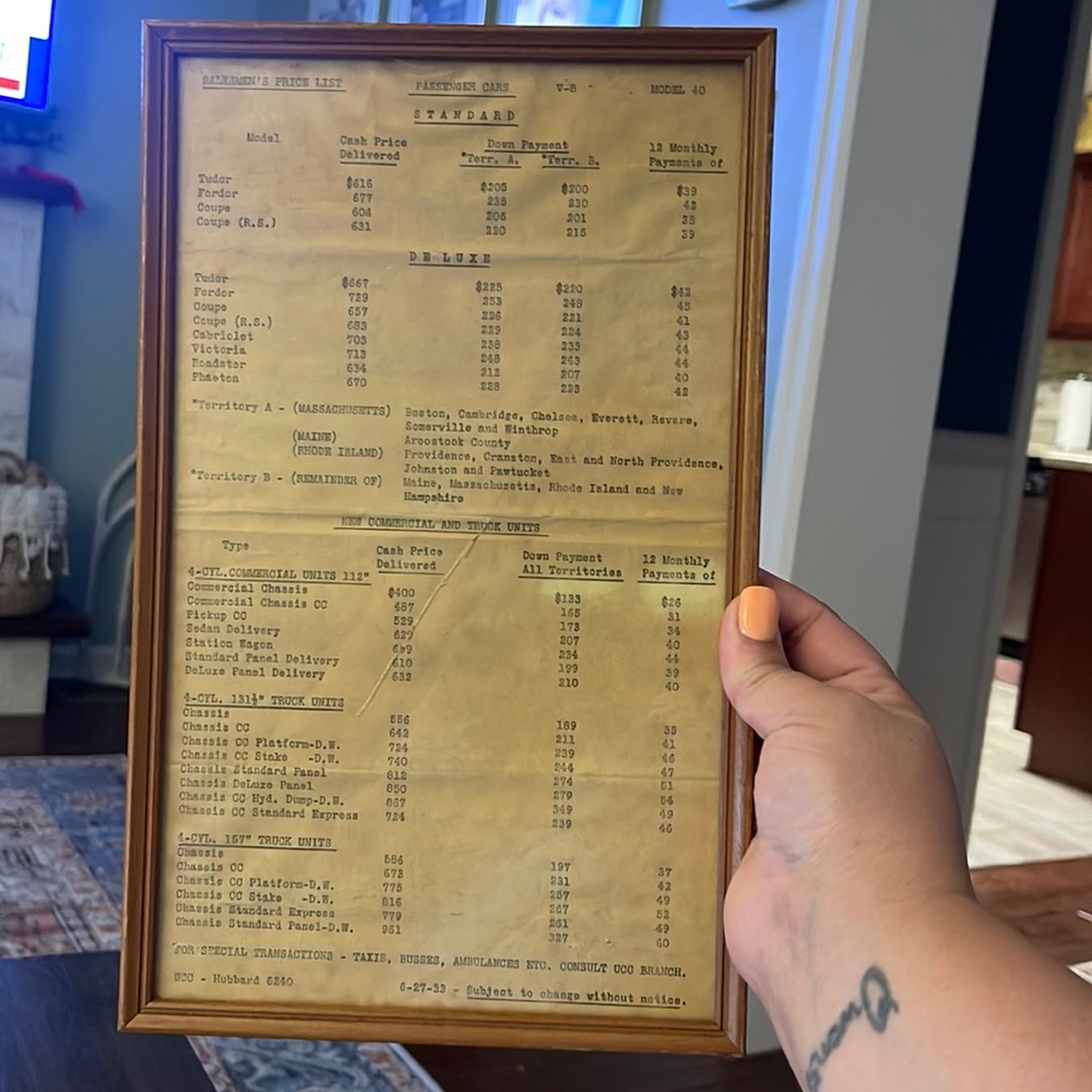 Vintage Framed Ford Salesman’s Price List